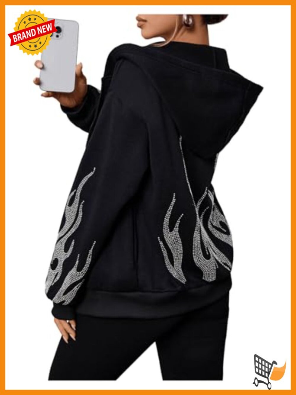 Womens Zip Up Rhinestone Hoodie Oversized Graphic Sweatshirt
